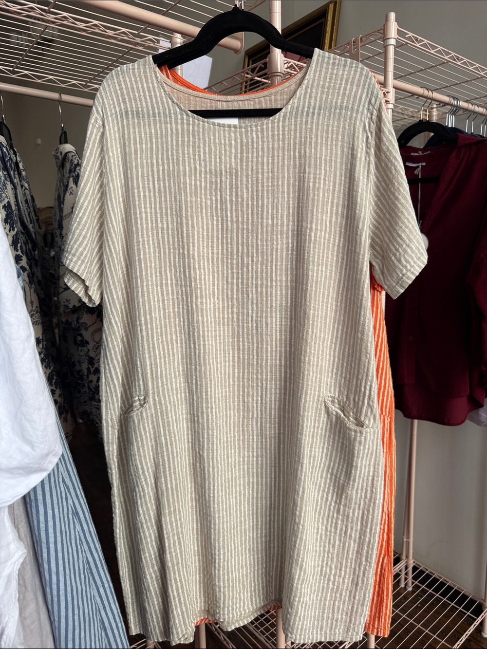 Cream Striped Short-Sleeve Pocket Dress - Casual Women’s Dress